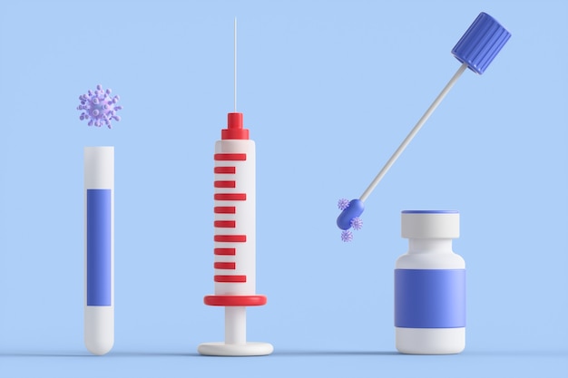 Coronavirus COVID-19 pcr test isolated on blue background. Blue ampoule with a swab stick in the nose. 3d rendering illustration.