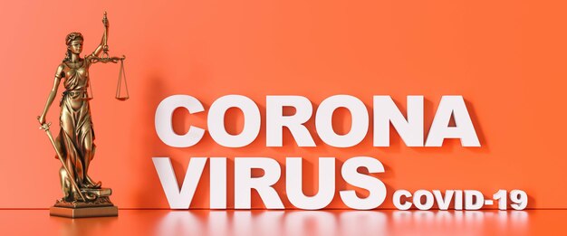 Foto coronavirus covid-19 e statua della giustizia - concetto di legge