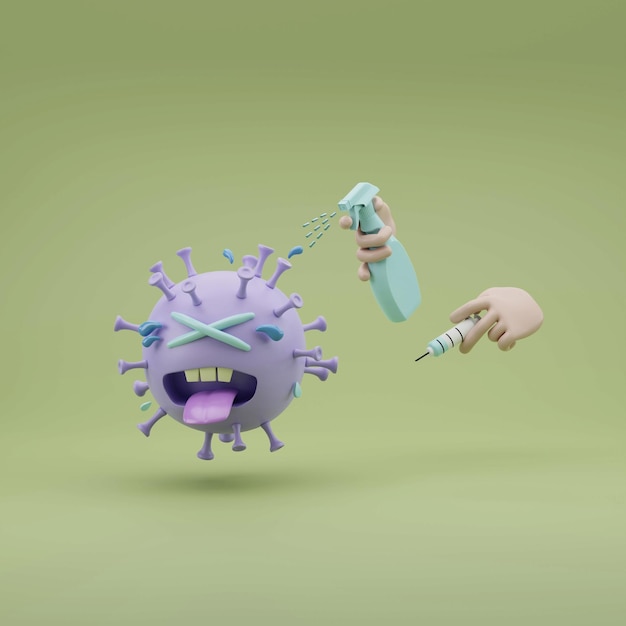 Фото Вирус коронавируса covid-19 убегает из рук, держа бутылку с алкоголем и шприц для инъекций вакцины 3d рендеринг иллюстрации