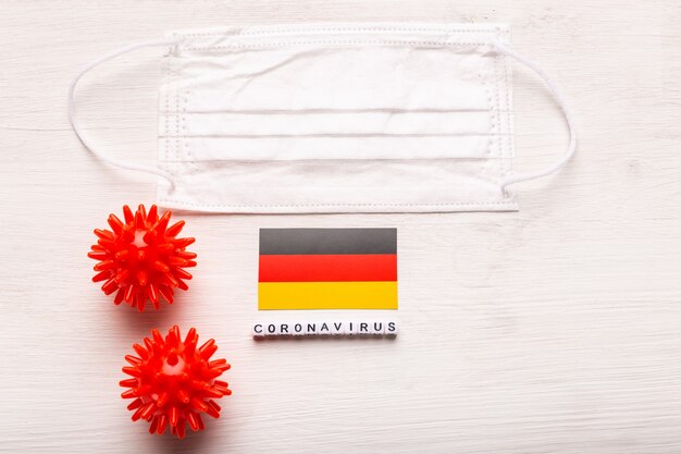 Coronavirus covid concept top view protective breathing mask and flag of germany