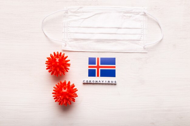 Coronavirus covid concept top view protective breathing mask and flag of iceland