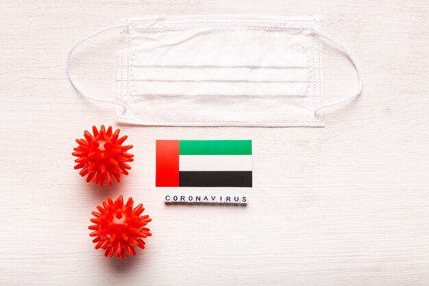 Coronavirus covid concept top view protective breathing mask and flag of united arab emirates novel