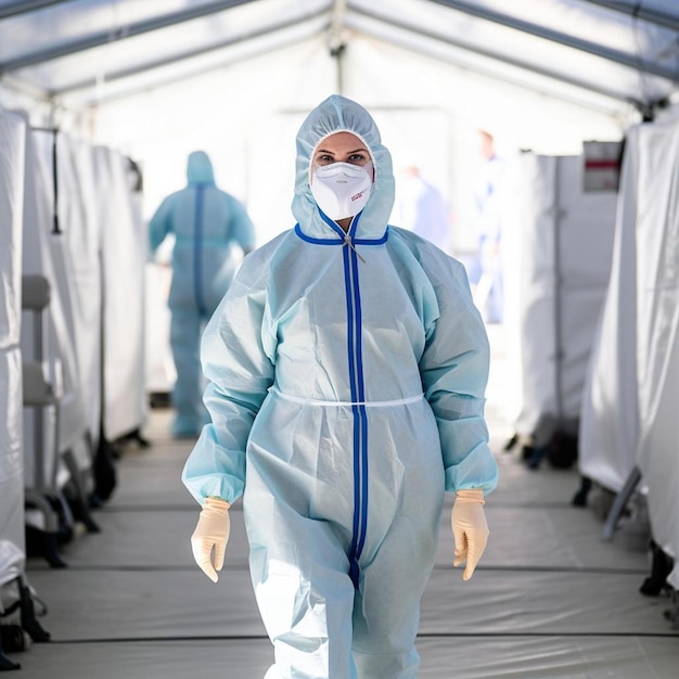 coronavirus or covid mobile testing station healthcare worker in full protective gears finishes her