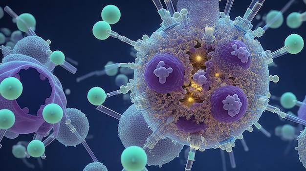 현미경으로 볼 때 3D 바이러스 세포가 있는 코로나바이러스 covid19 배경