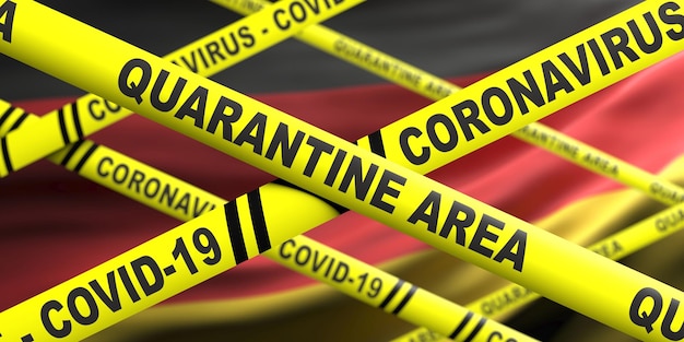 Foto coronavirus covid19 quarantainegebied tekst op gele waarschuwingsstrepen duitse vlag achtergrond 3d illustratie