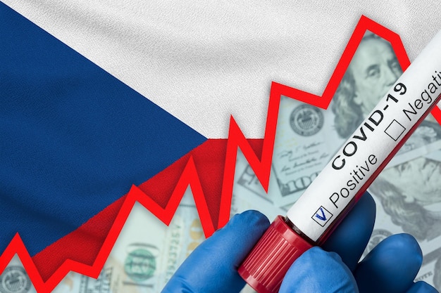 Coronavirus in Czech Republic Positive blood test on flag background Increase in incidence Economic crisis