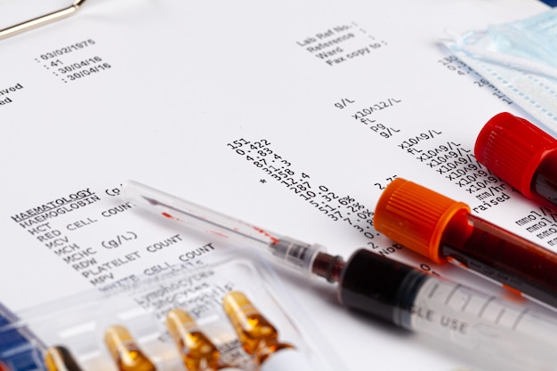 Coronavirus diagnostic and treatment concept. Laboratory table close up