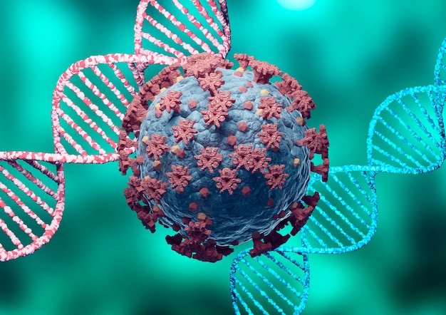 Coronavirus en DNA, virusmutatie. Nieuwe variant en stam van SARS CoV 2. Microscopisch beeld. 3D-weergave