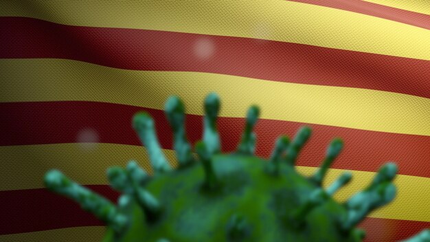 カタルーニャ独立旗の上に浮かぶコロナウイルス