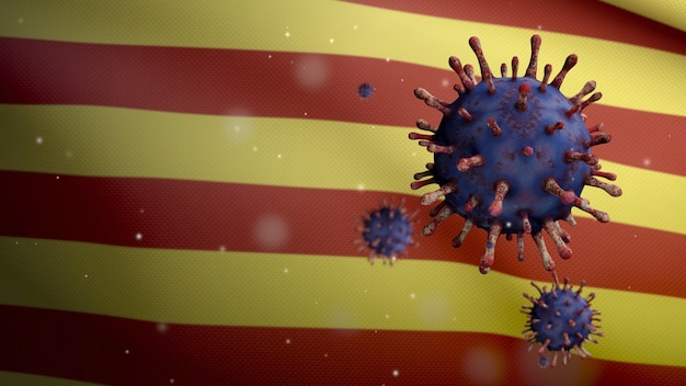 카탈로니아 독립 깃발 위에 떠 다니는 코로나 바이러스