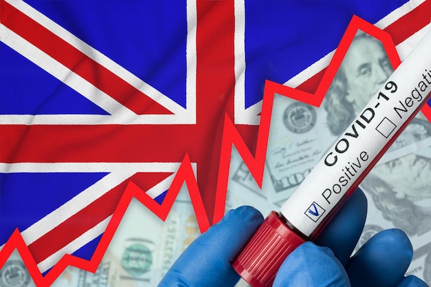 Coronavirus in Great Britain Positive blood test on flag background Increase in incidence Economic crisis