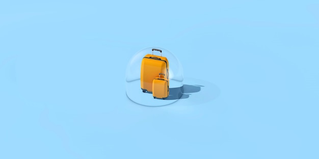 Coronavirus holiday travel bubble. Suitcase in a protective bubble 3D Rendering.