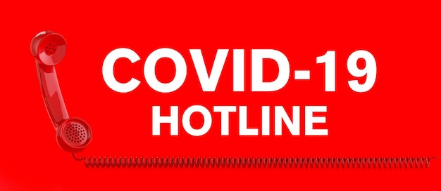 Coronavirus hotline met Covid-19 virus en een rode telefoon