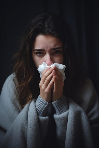 Photo coronavirus ill sick young woman blowing nose coughing or sneezing in tissue sitting on sofa covered