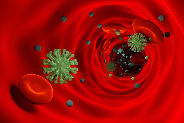 Coronavirus molecules in amongst red blood cells in the bloodstream of an infected person. 3D Rendering.

