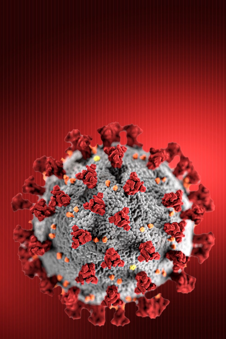 Foto coronavirus op een rode achtergrond