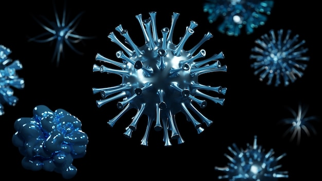 Focolaio di coronavirus, vista microscopica delle cellule del virus dell'influenza. illustrazione 3d