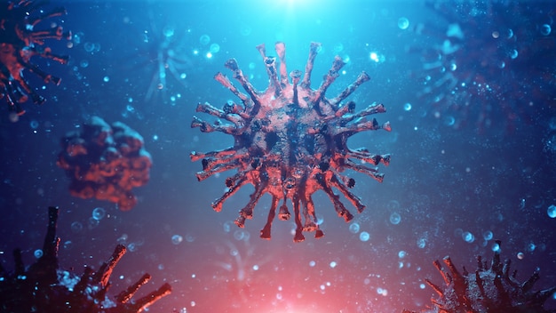 コロナウイルスの発生、インフルエンザウイルス細胞の顕微鏡写真。 3dイラスト