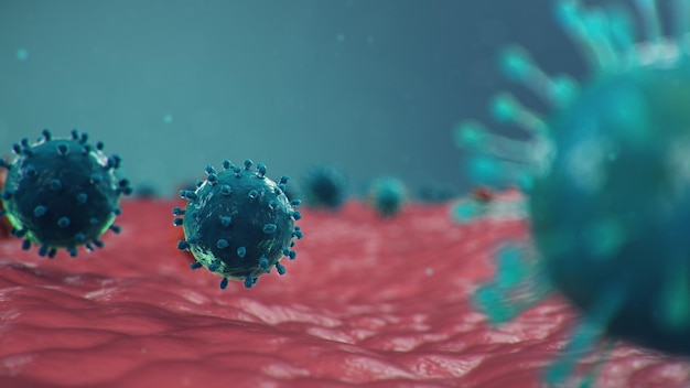 Коронавирус вспышка. Возбудитель, поражающий дыхательные пути. COVID-19 инфекция. Концепция пандемии, вирусной инфекции. Коронавирус внутри человека. Вирусная инфекция, 3D иллюстрация