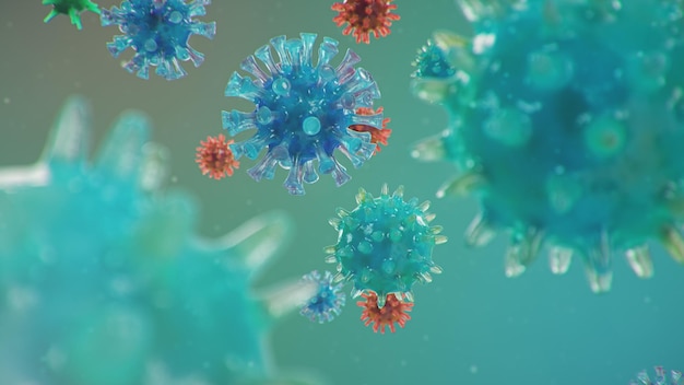 Epidemia di coronavirus. agente patogeno che colpisce le vie respiratorie. infezione da covid19. concetto di pandemia, infezione virale. il coronavirus dentro un essere umano. infezione virale, illustrazione 3d