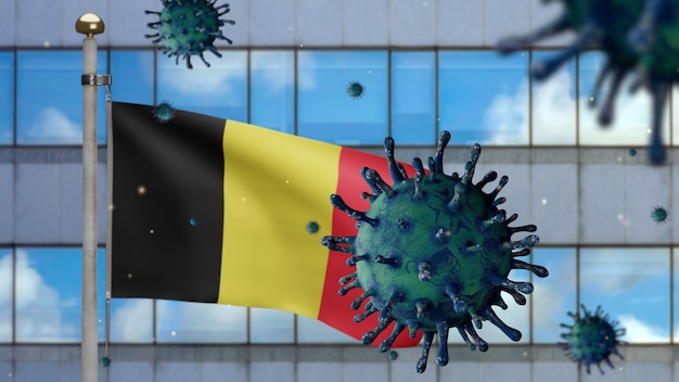 Coronavirus over Belgische vlag op moderne wolkenkrabberstad