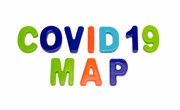 白い背景の上のコロナウイルスパンデミックテキストCOVID19MAP