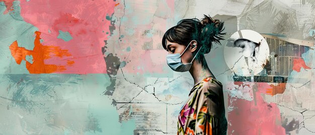 Photo the coronavirus panic of 2019 a depressed woman in protective mask thinking girl doubts problems thoughts emotions curious woman asking question mark modern illustration