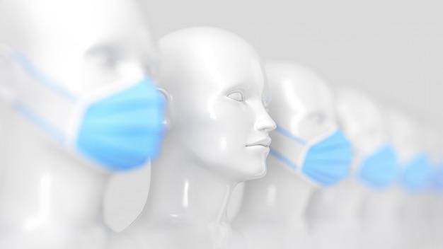 Coronavirus prevention. Mannequin heads standing without a mask in a row of other heads standing in blue bright medical masks. 3D illustration.