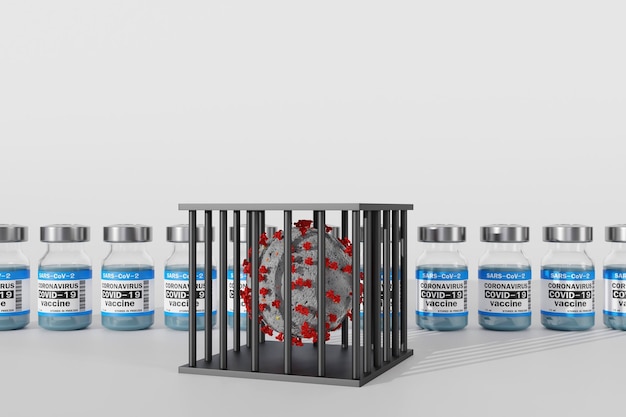 Coronavirus in prison cell or COVID19 locked in jail cage with vaccine 3d illustration rendering