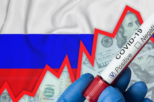 Coronavirus in Russia Positive blood test on flag background Increase in incidence Economic crisis