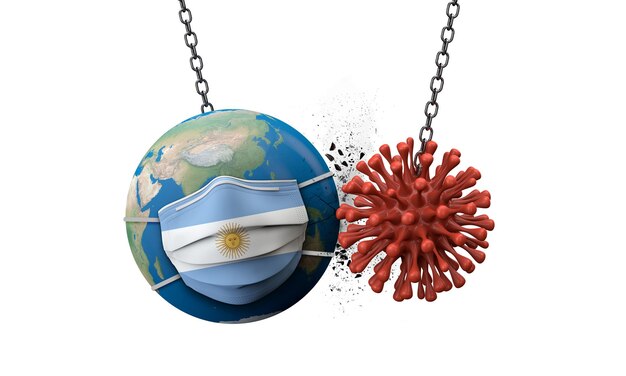 Coronavirus smashing into the world wearing a argentina face mask d render