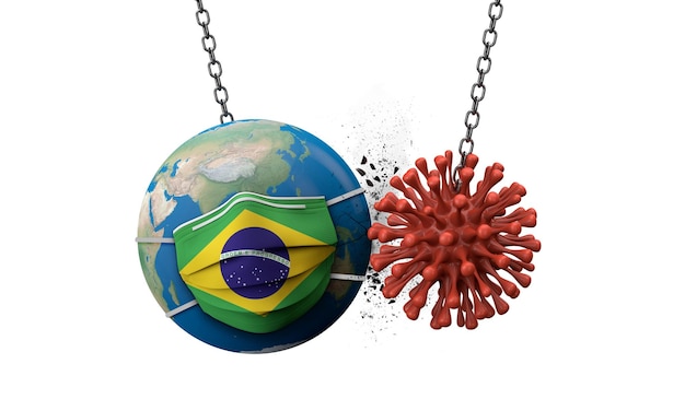 Coronavirus smashing into the world wearing a brazil face mask d render