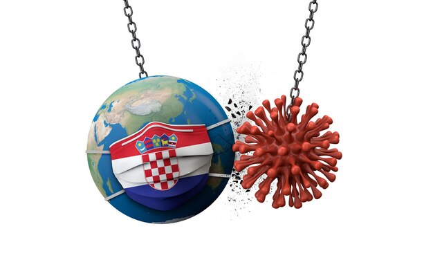 Coronavirus smashing into the world wearing a croatia face mask d render