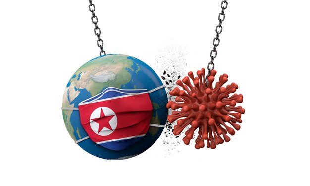 Coronavirus smashing into the world wearing a north korea face mask d render