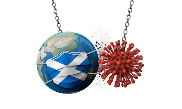 Coronavirus Smashing Into The World Wearing A Scotland Face Mask D Render