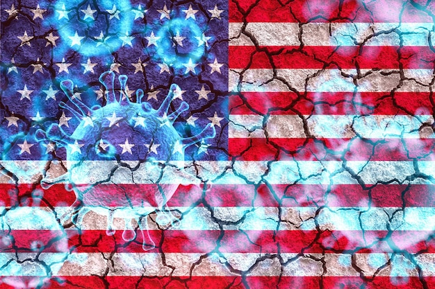 Coronavirus spreading to USA epidemic pandemic flu virus infection US flag background