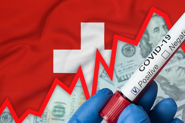 Coronavirus in Switzerland. Positive blood test on flag background. Increase in incidence. Economic crisis.