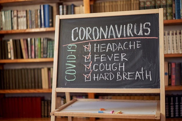 Coronavirus symptoms. Headache Fever Cough Hard breath Outbreak Warning. written white chalk on blackboard in connection with epidemic of coronavirus worldwide. Covid 19 pandemic