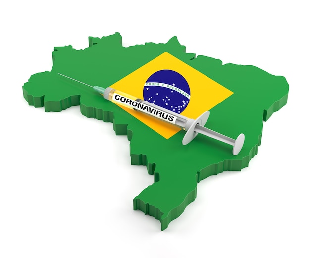 Шприц с коронавирусом на карте Бразилии. 3d рендеринг