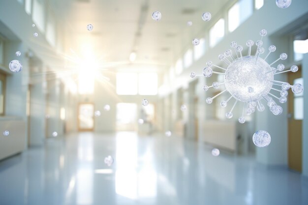 Foto coronavirus verspreidt zich in de lucht op de achtergrond in de bokeh-stijl van de witte kamer