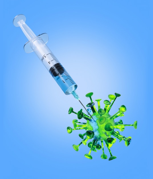 Foto coronavirus virus met een injectiespuit. vaccinatie creatief concept. 3d-rendering illustratie.