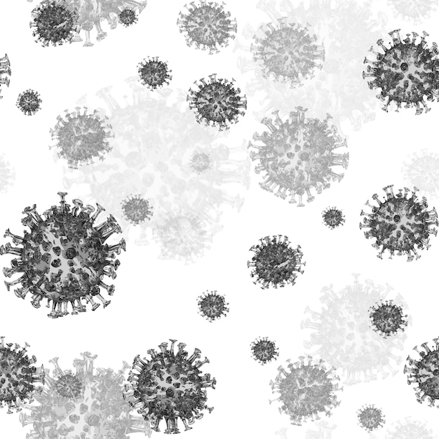 Coronavirus vliegt zwart op witte achtergrond naadloze patroon 3D render