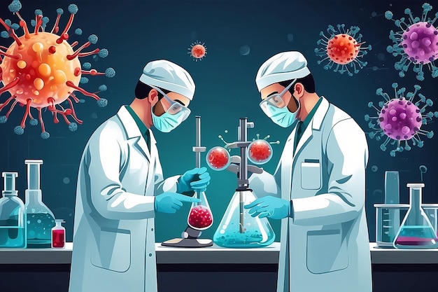 Coronaviruscel en twee wetenschappers in het laboratorium illustratie