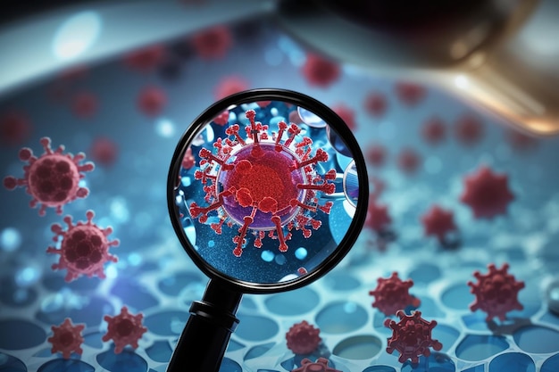 Coronaviruscel kijkt door een vergrootglasachtergrond