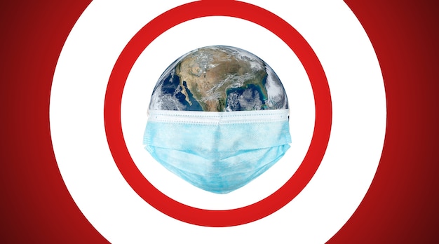 Coronavirussen griepconcept COVID-19. Aarde met gezichtsmasker beschermt World medical. (wereldelementafbeelding door nasa)