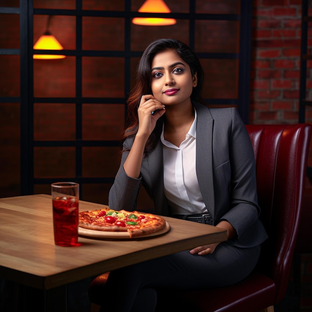 Photo corporate asian girl eating pizza