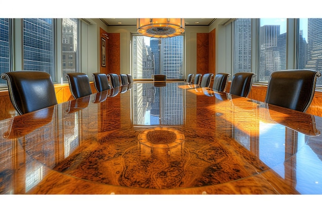 Фото Корпоративный стол и стулья в зале заседаний с видом на город профессиональная фотография