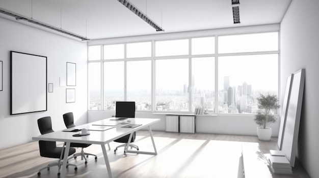 Mockup di cornice vuota bianca del marchio aziendale con sfondo di uffici aziendali moderni ia generativa
