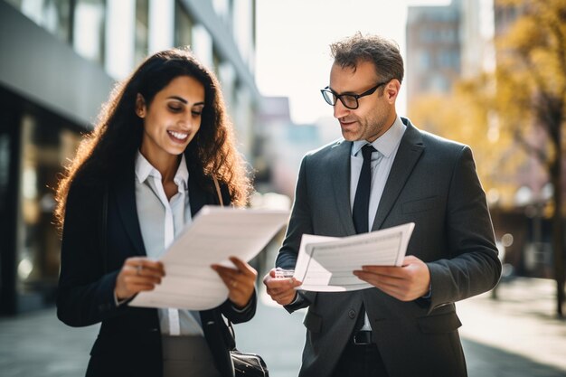 Corporate business colleague talking and viewing documents outdoor