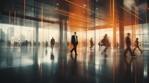corporate business people walking in a modern office with glass walls in the style of dark orange